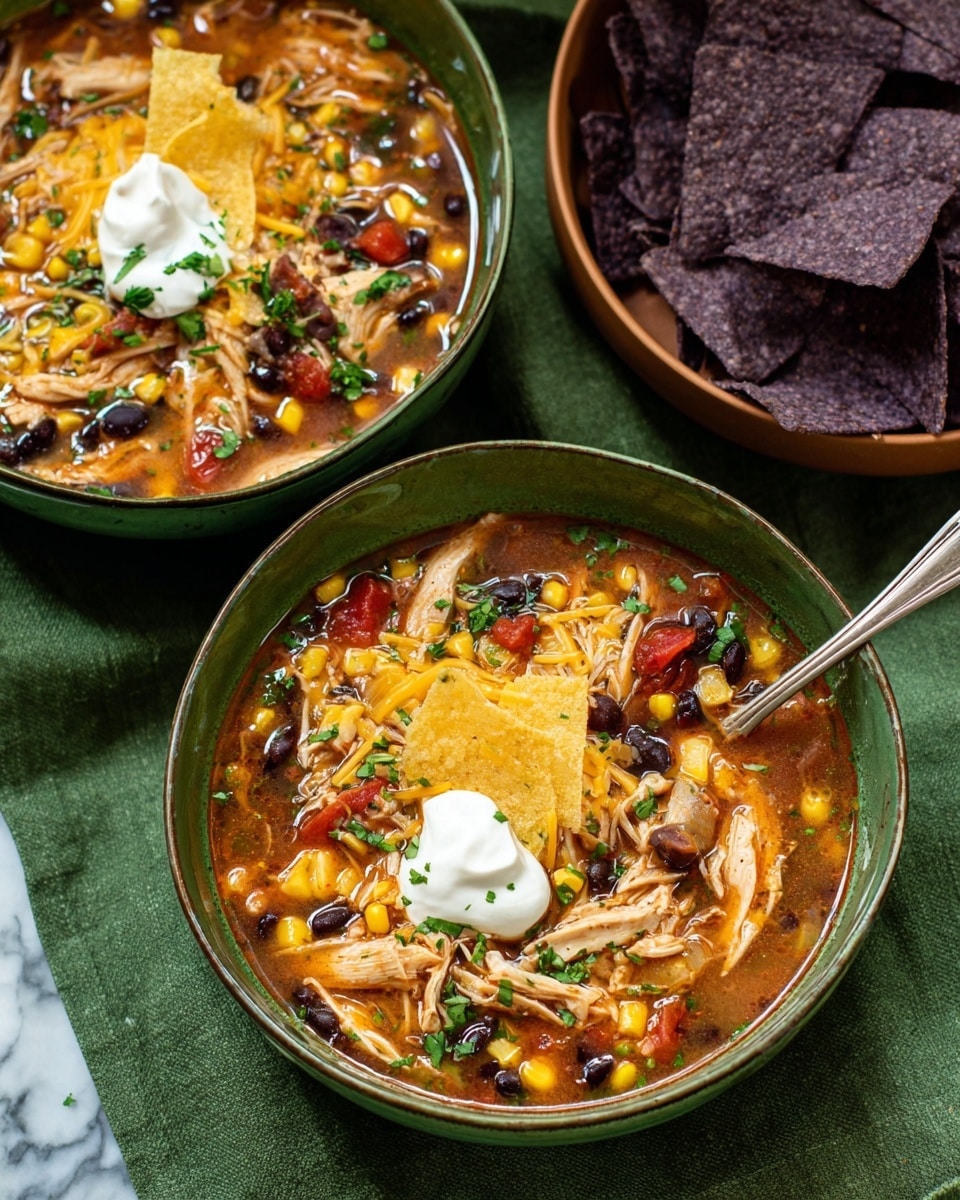 The image shows a black slow cooker filled with a colorful soup. The soup has a red broth with visible chunks of shredded chicken, yellow corn kernels, black beans, green herbs, and pieces of red tomatoes. A metal ladle is partially dipped into the soup, resting on the left side inside the cooker. The slow cooker sits on a white marbled surface, and there is a wooden bowl with dark blue tortilla chips partly visible in the bottom right corner. The photo taken with an iphone --ar 4:5 --v 7