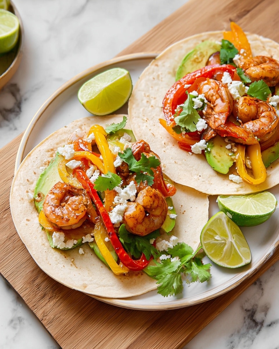 Two shrimp tacos are placed on a white plate. Each taco has one soft, light tan tortilla as the base. On the tortillas are slices of bright green avocado laid flat. Over the avocado, there are red and yellow bell pepper strips with a slightly cooked, shiny look. On top of the peppers, there are several shiny, reddish-brown cooked shrimp, each shaped in a curve. White crumbled cheese is sprinkled on top of the shrimp and peppers with fresh green cilantro leaves adding a fresh touch. Half lime wedges with bright green skin and juicy yellow-green inside are placed next to the tacos on the plate. The plate sits on a wooden board over a white marbled surface. photo taken with an iphone --ar 4:5 --v 7