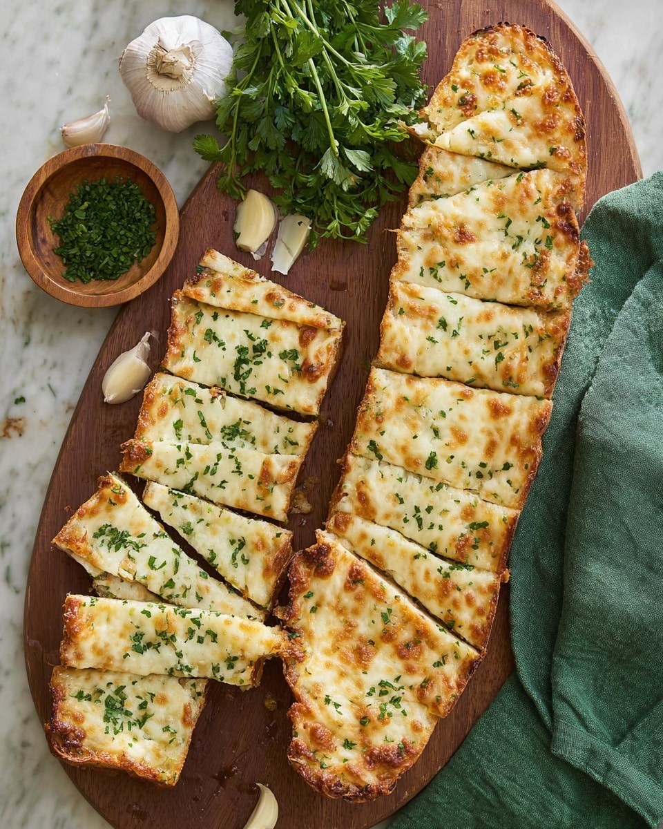 The image shows several pieces of toast with a thick base of soft white bread and a top layer of melted golden cheese that is slightly browned in some spots. The cheese has a smooth, creamy texture with small bubbly areas, and is sprinkled with small bits of chopped green herbs, likely parsley, which add color contrast. The pieces are arranged closely on a dark wooden surface, with some green leafy garnish partly visible at the edges. photo taken with an iphone --ar 4:5 --v 7