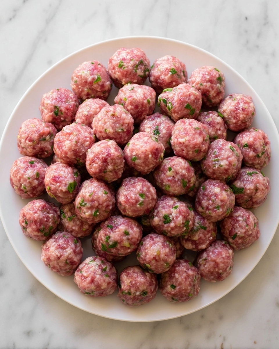 A large white plate holds around 50 small, round meatballs arranged in close layers covering the whole plate, each meatball is pinkish with visible small green herb pieces mixed throughout, giving a textured look. The surface under the plate is a white marbled texture. The meatballs look fresh and uncooked, with a slightly glossy surface photo taken with an iphone --ar 4:5 --v 7