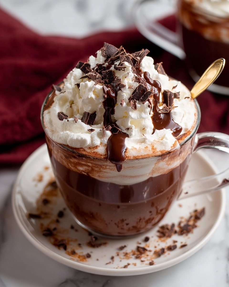 A clear glass cup filled with three layers: at the bottom, dark brown hot chocolate with some chocolate streaks along the inside edges of the glass; in the middle, a thick layer of fluffy white whipped cream that heaps slightly over the rim; on top, a drizzle of melted chocolate sauce and dark chocolate shavings scattered across the whipped cream. The cup sits on a white plate with more chocolate shavings and crumbs scattered loosely around, placed on a white marbled surface with a blurred dark red cloth in the background. A gold spoon rests inside the cup, partially visible. photo taken with an iphone --ar 4:5 --v 7