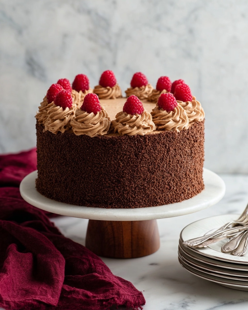 A tall slice of light, fluffy chocolate cake stands on a white plate with a white marbled surface beneath it. The cake has two layers of airy, spongy chocolate texture with small holes throughout. On top, there are thick swirls of smooth chocolate frosting, each crowned with a bright red raspberry. Around the base of the slice, there are more swirls of the same chocolate frosting, with a dusting of cocoa powder on the plate. A silver fork and a dark red cloth napkin lie to the right of the plate. In the background, the rest of the cake is visible, also on a white plate on a white marbled surface. Photo taken with an iphone --ar 4:5 --v 7
