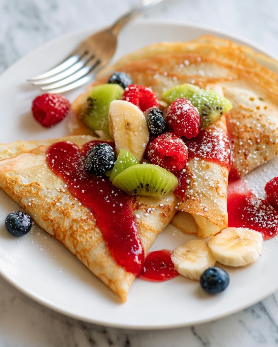 A white plate with five folded light brown crepes arranged in a circle, each topped with chopped banana pieces, green kiwi slices, whole blueberries, and red raspberries. A red sauce is drizzled over the crepes and fruit, with a light dusting of powdered sugar. Some loose berries and oats are scattered around the plate on a wooden board, with a white marbled texture beneath. In the background, there is a small wooden bowl filled with oats and a white ceramic jug, with silver forks stacked nearby. A burgundy cloth is partially visible at the bottom edge. Photo taken with an iphone --ar 4:5 --v 7