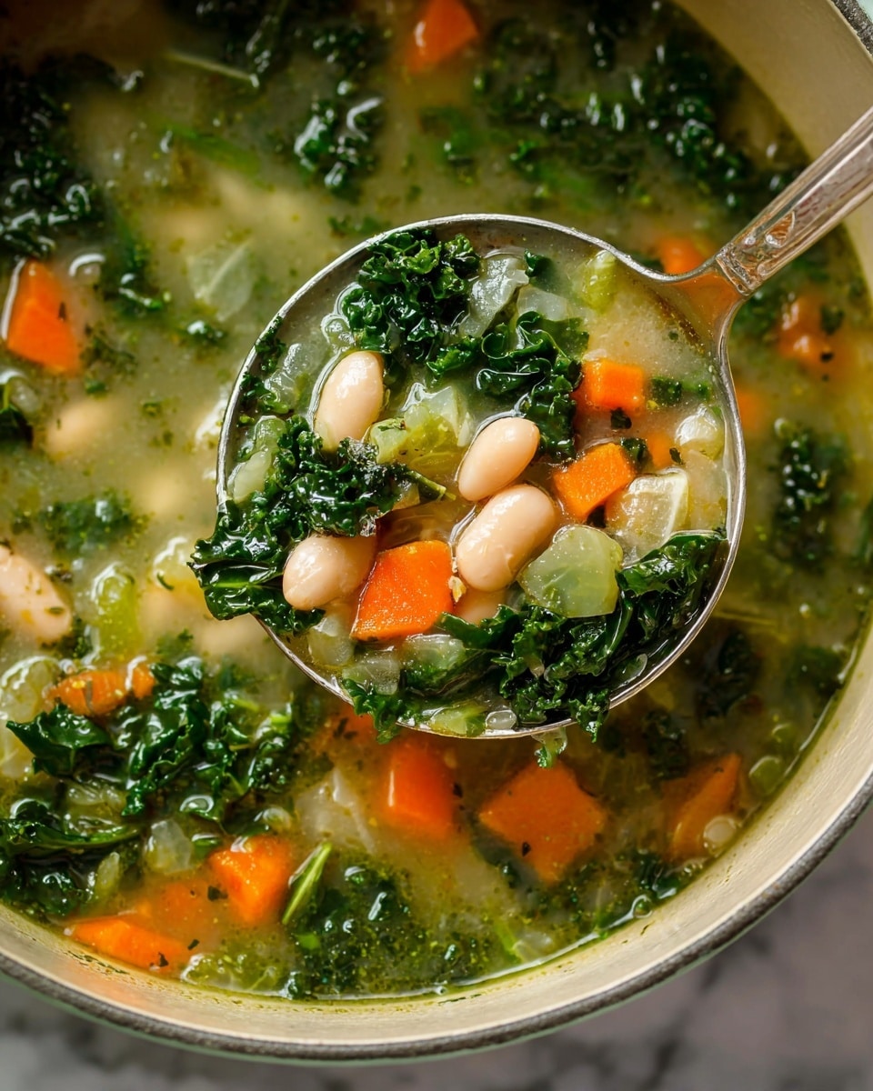 The image shows a close-up of a spoon lifting vegetable soup from a pot. The soup has several visible layers: a light greenish broth with small pieces of orange carrot cubes, pale celery slices, dark green leafy kale, and cream-colored white beans. The textures vary from soft beans to the slightly rough kale leaves and smooth vegetable chunks. The pot is light-colored, sitting on a white marbled surface. The overall view highlights the fresh, healthy ingredients of the soup. Photo taken with an iphone --ar 4:5 --v 7