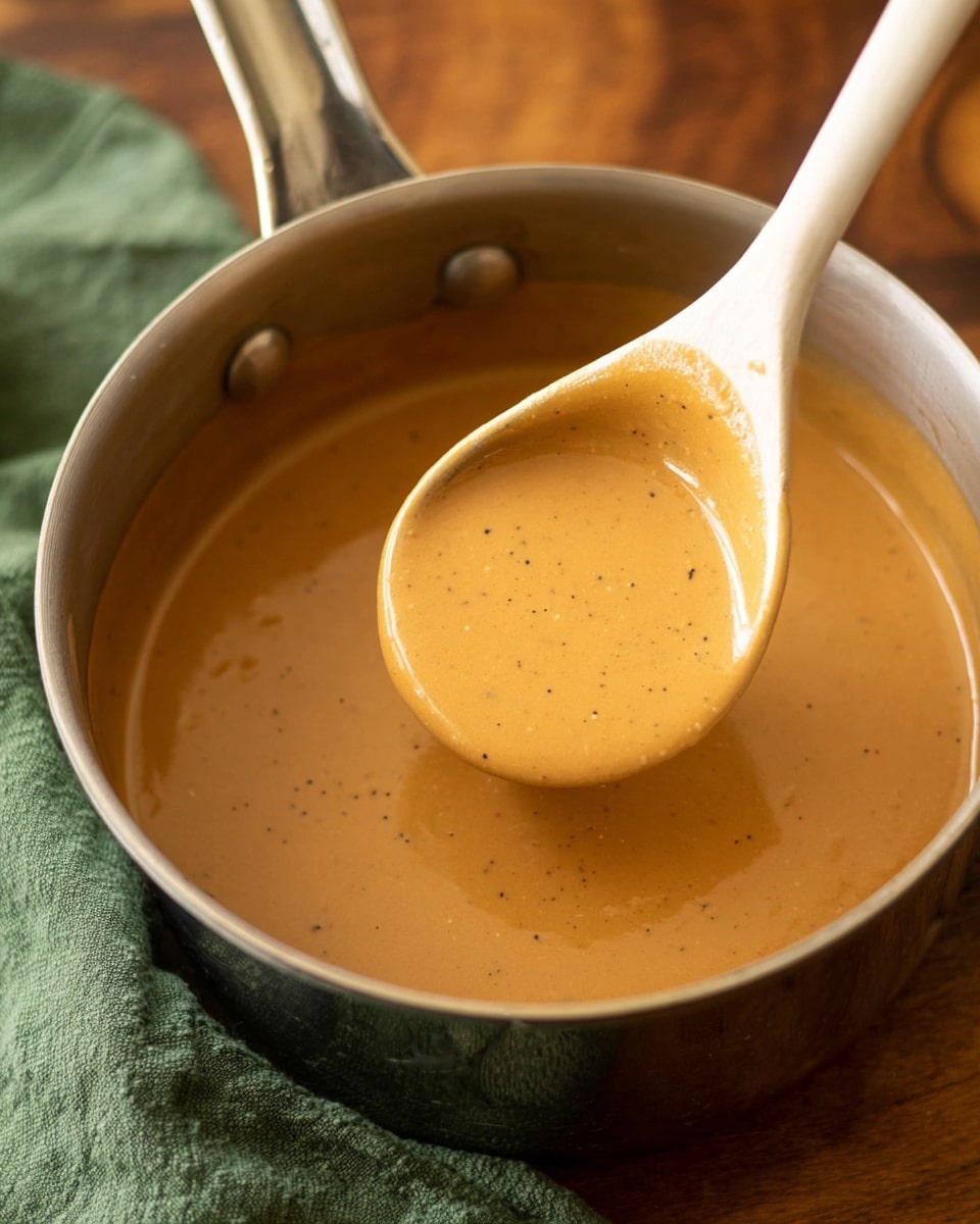 A close-up image of a thick, smooth, light brown sauce inside a silver pot with a white ladle lifting some sauce. The sauce has a creamy texture with small black specks scattered throughout. The pot sits on a wooden surface with a green cloth partially visible in the background. The photo has a warm and homely feel. photo taken with an iphone --ar 4:5 --v 7