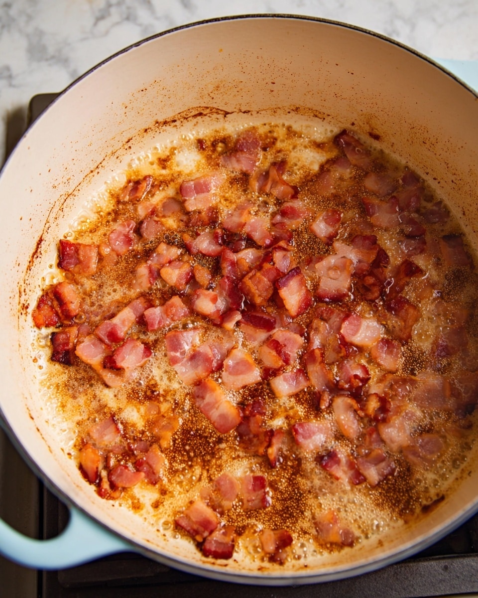 Inside a large white pot, small pieces of bacon cook in bubbling oil, showing a mix of pink, reddish, and golden brown colors. The bacon pieces are uneven in size, spread out mostly on the left and bottom side. The cooking surface has brown caramelized spots where the bacon has touched, creating a textured contrast on the white interior of the pot. The outer side of the pot is light blue with a slightly shiny finish. The pot rests on a stovetop with a white marbled background visible around the edges. photo taken with an iphone --ar 4:5 --v 7