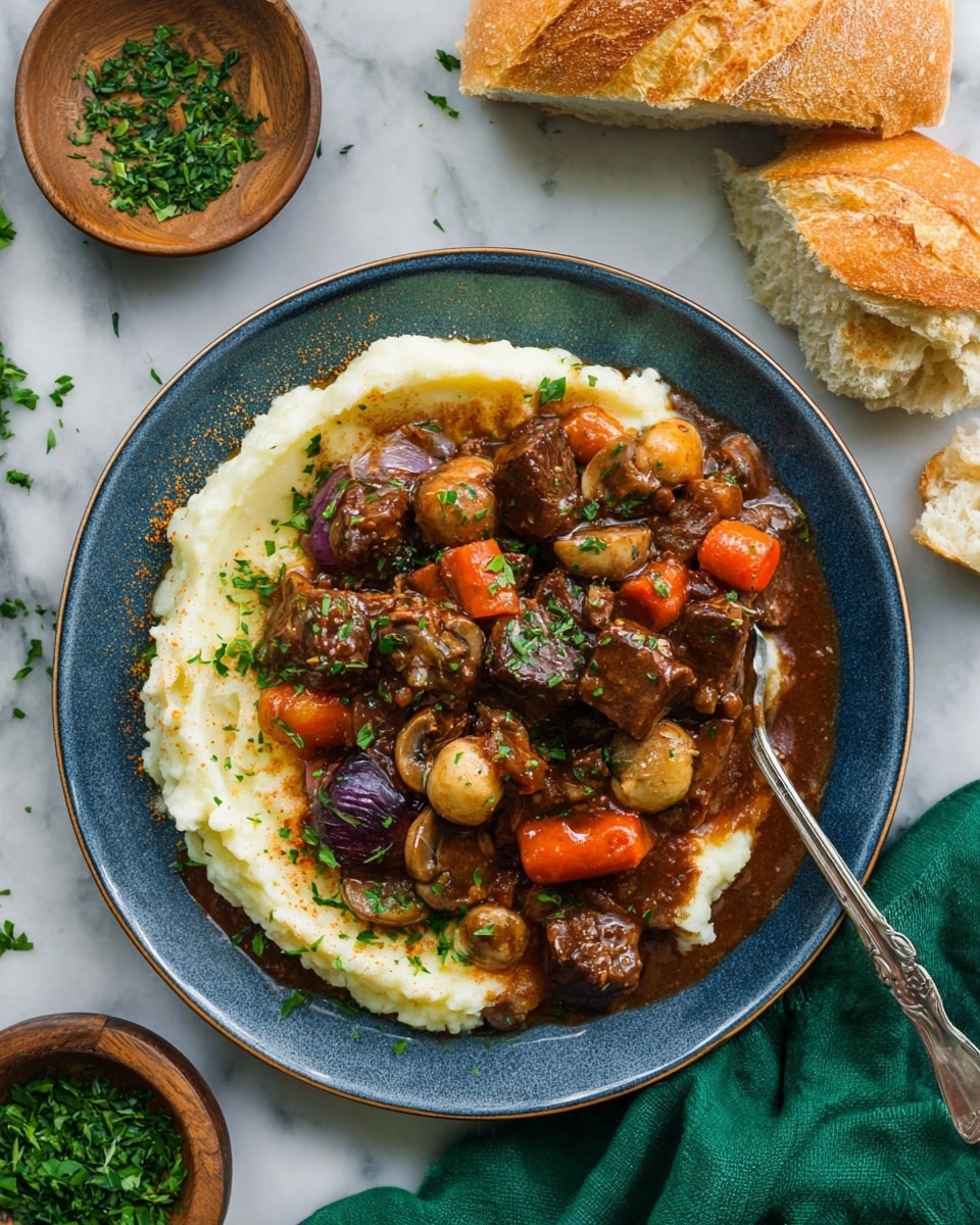 A round blue plate holds a dish with two main layers: the bottom layer is creamy white mashed potatoes spread in a ring shape, and the top layer is a dark brown rich stew made of chunks of beef, orange carrot pieces, small whole onions in white and purple, and sliced mushrooms, all garnished with chopped green herbs scattered over the top. A silver fork rests on the right edge of the plate. Around the plate, there are two pieces of crusty bread, a small wooden bowl of chopped green herbs, and a green cloth napkin, all placed on a white marbled surface. Photo taken with an iphone --ar 4:5 --v 7