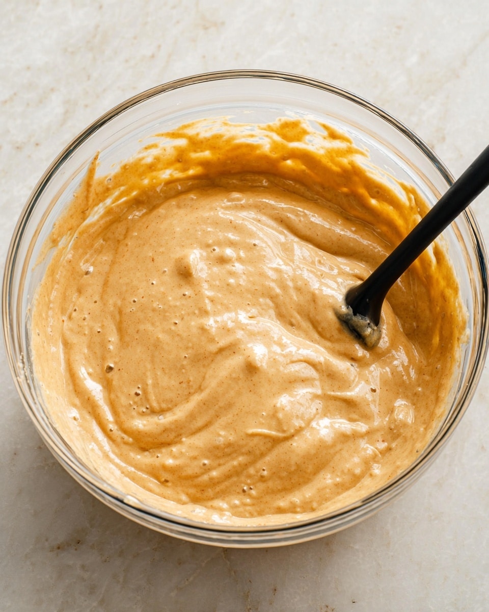 A clear glass bowl filled with a thick, light brown batter that looks creamy and smooth, with small bubbles throughout. A black spatula rests inside the bowl, partly covered with the batter. The bowl sits on a white marbled surface, and the batter appears to have a soft, slightly airy texture with gentle waves and swirls on the top layer. photo taken with an iphone --ar 4:5 --v 7