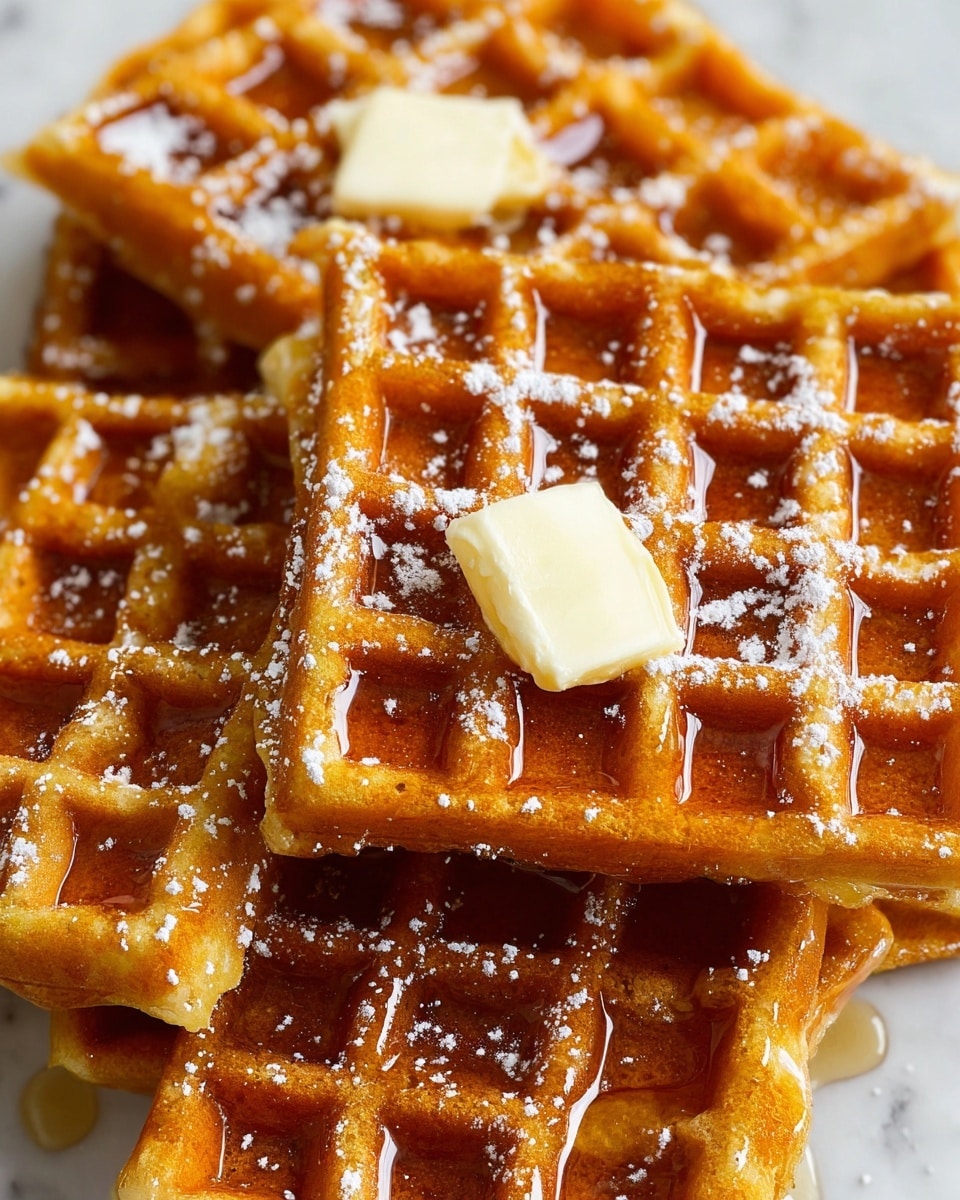 The image shows a close-up of several golden brown waffles stacked on a white plate, placed on a white marbled surface. Each waffle has a grid pattern with deep squares filled with glossy syrup, giving a shiny texture. Small pats of smooth, slightly melting butter rest on top of some waffles, adding a creamy contrast. A light sprinkle of powdered sugar dusts the waffles, creating a delicate, snowy layer over the warm surface. The waffles look thick and crisp, with slightly darker edges. photo taken with an iphone --ar 4:5 --v 7
