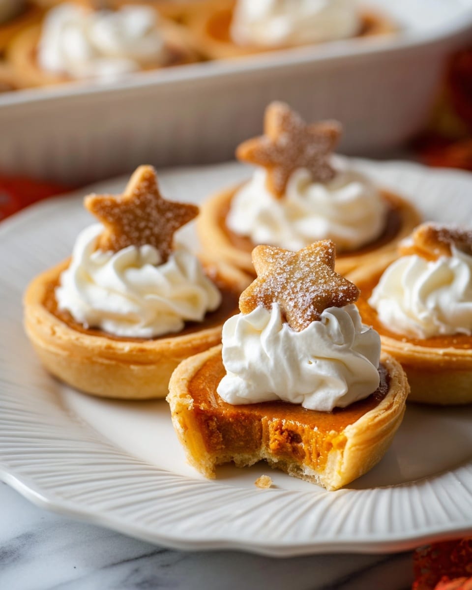 The image shows small pumpkin tarts on a white plate with a ruffled edge, set on a white marbled surface. Each tart has three layers: a golden, flaky crust at the bottom, a smooth orange pumpkin filling in the middle, and a swirl of white whipped cream on top. A small, star-shaped cinnamon cookie dusted with sugar is placed on the whipped cream of each tart. One tart in the front has a bite taken out, revealing the creamy pumpkin filling inside. In the background, there is a white baking dish holding more pumpkin tarts. Photo taken with an iphone --ar 4:5 --v 7