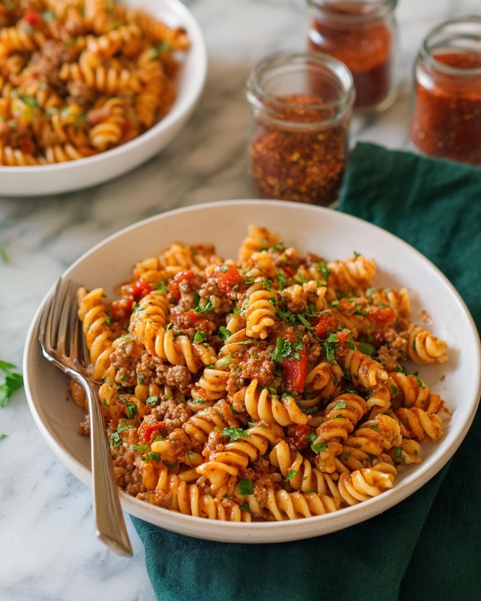 A white pan filled with three-layered rotini pasta mixed with ground meat and pieces of red tomatoes. The pasta and meat are coated in a creamy orange sauce with green herbs sprinkled on top, giving a fresh look. A wooden spoon is scooping some pasta from the center, showing a close mix of all ingredients. The pan sits on a dark green cloth on a white marbled surface with a small bowl of green herbs nearby. photo taken with an iphone --ar 4:5 --v 7