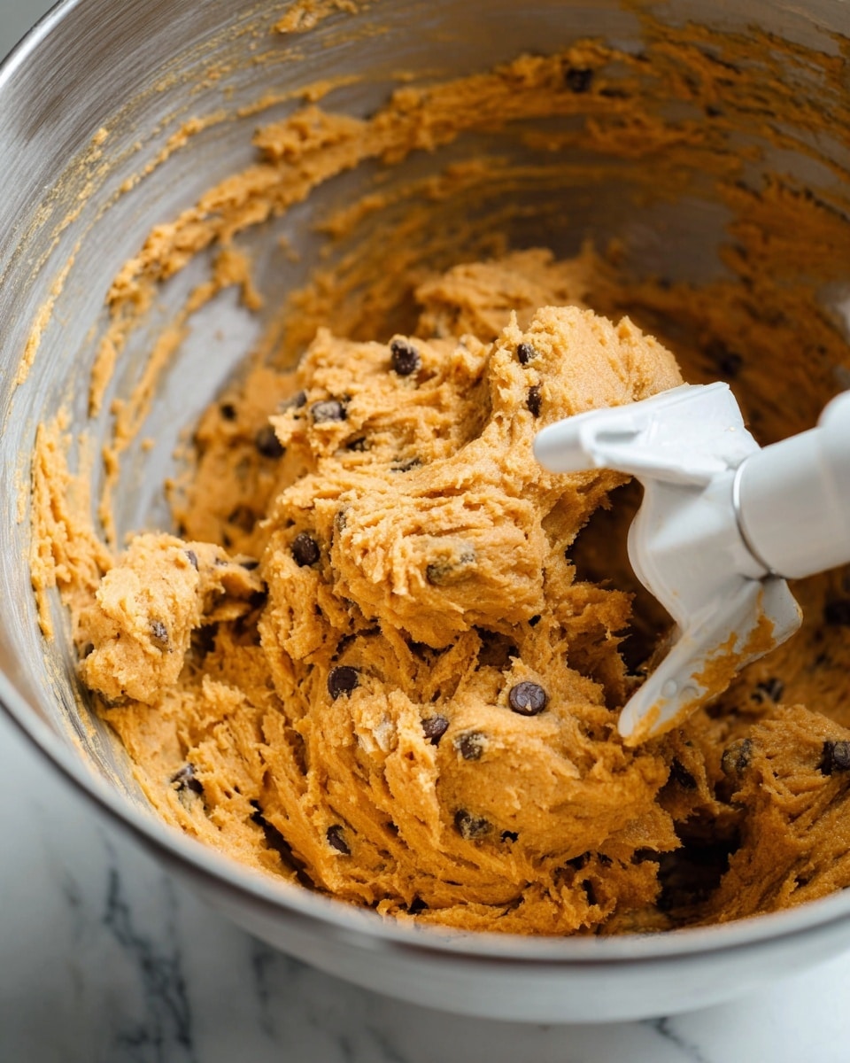 A close-up view of thick cookie dough with a deep orange-brown color and small dark brown chocolate chips mixed inside, all sitting in a shiny white metal mixing bowl. The dough looks textured and sticky with small soft chunks, and a white plastic mixer attachment is partially visible, covered in dough as it stirs the mixture. The background shows parts of the white metal bowl's smooth surface, and the whole scene is on a white marbled textured surface. Photo taken with an iphone --ar 4:5 --v 7