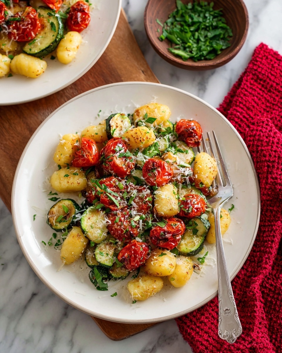 The image shows a white plate filled with three layers of food: the bottom layer is golden-yellow gnocchi pieces, the middle layer has bright green zucchini slices, and the top layer has roasted red cherry tomatoes with a slight char, sprinkled with chopped green herbs and grated white cheese. The plate is placed on a wooden board on a white marbled surface. To the right of the plate, there is a silver fork resting on the board. In the background, there is another white plate with the same dish and a small brown bowl filled with chopped green herbs, along with a red textured cloth on the left side. photo taken with an iphone --ar 4:5 --v 7