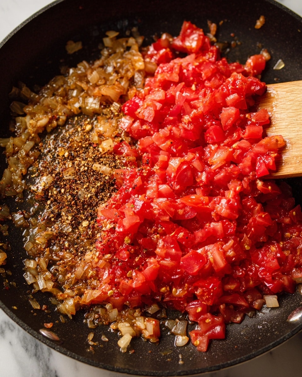 A close-up view of a frying pan shows two main layers: on the left side, there are small pieces of browned onions with a dark golden texture mixed with black pepper, and on the right side, a pile of finely chopped red tomatoes with a juicy, slightly watery texture starting to cook and mix with the onions; the pan is black inside, and a wooden spatula is partially visible touching the onions, all on a white marbled surface. photo taken with an iphone --ar 4:5 --v 7