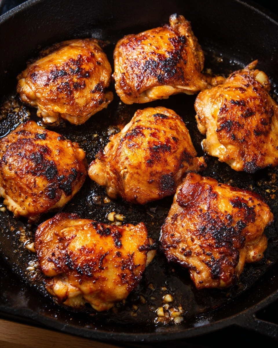 The image shows six pieces of browned chicken thighs cooking in a black cast iron pan. Each piece has a golden-orange color with some darker charred spots, giving a crispy texture. The pan has some glistening oil and small bits of cooked garlic around the chicken. The pieces are evenly spaced across the pan's surface, resting on a black, slightly oily base. Photo taken with an iphone --ar 4:5 --v 7