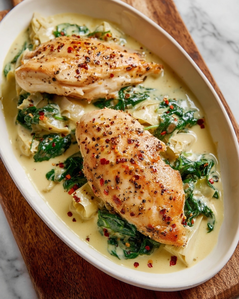 The image shows a light green skillet filled with four golden-brown cooked chicken pieces sitting in a creamy yellow sauce. The sauce has visible green spinach leaves and small light yellow chunks, possibly artichokes, mixed throughout. Some sauce is drizzled on top of the chicken pieces, with a sprinkle of red pepper flakes adding touches of red color. The skillet is placed on a white marbled surface. A green textured towel is visible in the upper left corner, and a small bowl with red pepper flakes sits towards the upper right on a wooden board. A white plate with a spoon and fork peeks into the lower left corner. Photo taken with an iphone --ar 4:5 --v 7