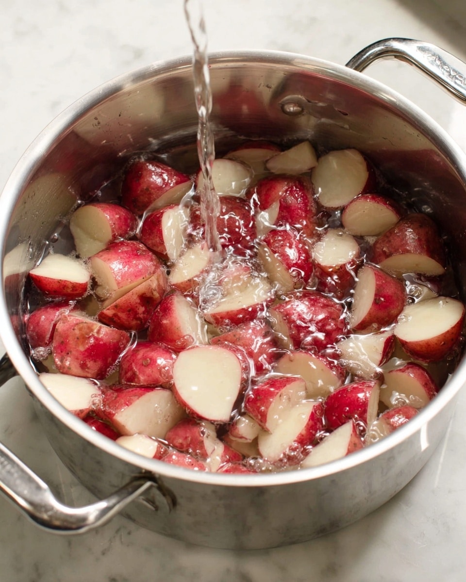 A shiny silver pot filled with many pieces of red-skinned potatoes with white insides. The potatoes are cut into roughly equal, small chunks that fill the pot almost to the top. Clear water is being poured into the pot over the potato pieces, making small bubbles. The pot is sitting in a white marbled sink area, and the metal handles of the pot shine under soft light. photo taken with an iphone --ar 4:5 --v 7