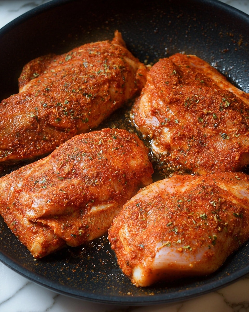 Four large pieces of raw chicken seasoned with a reddish-brown spice mix that has visible green herb flakes, placed close together in a black pan with a slightly shiny surface. The chicken pieces cover most of the pan, and the spice coating gives the meat a rough, grainy texture. The pan rests on a white marbled surface with small reflections of light. Photo taken with an iphone --ar 4:5 --v 7