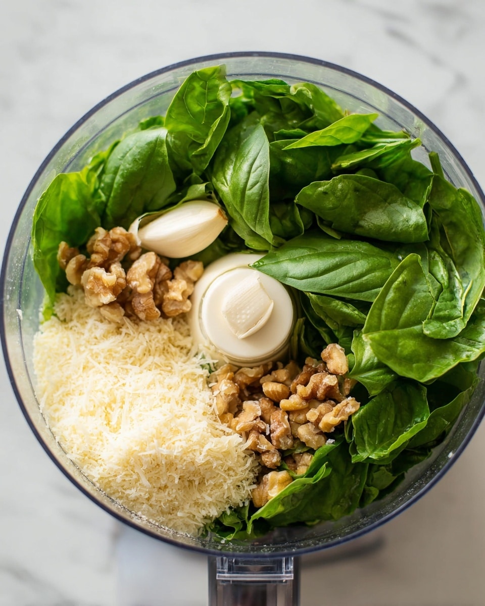 The image shows a close-up of a food processor bowl filled with fresh ingredients. The largest layer is made of bright green fresh basil leaves that cover most of the bowl. On top, there is a single whole garlic clove, light creamy in color, resting near the center. Next to the garlic, there is a small pile of roughly chopped walnuts with a mix of brown shells and light tan inner nut pieces. Near the walnuts, there is a mound of finely grated pale yellow cheese, fluffy in texture. The bowl is clear, and the background is a white marbled surface. Photo taken with an iphone --ar 4:5 --v 7