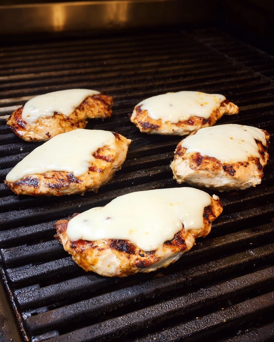 Four grilled chicken pieces are placed on a grill with dark metal bars. Each piece has two thick, melted slices of white cheese on top, covering most of the surface. The chicken is golden brown with some darker grill marks and slightly charred edges. The background shows more dark grill bars and a textured, blackened grill surface beneath. photo taken with an iphone --ar 4:5 --v 7