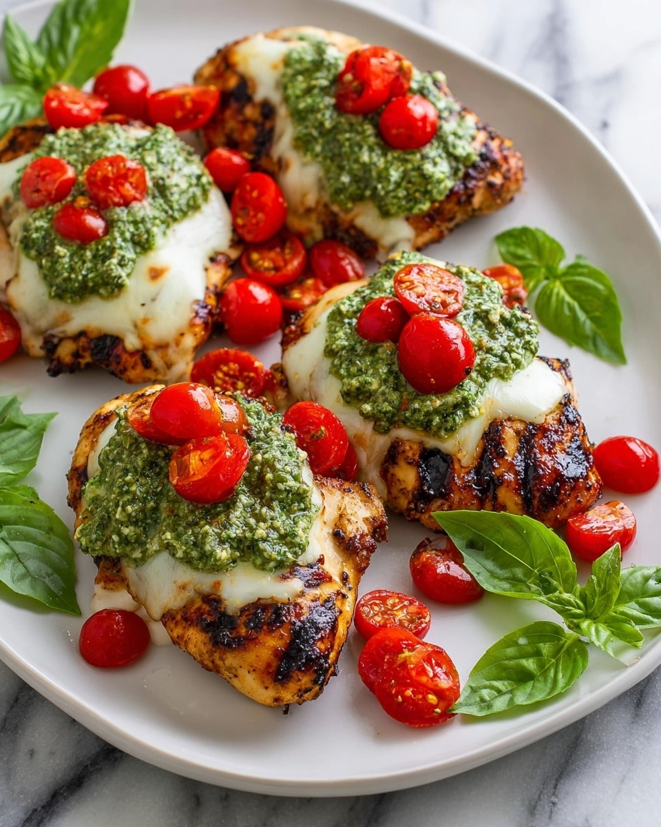 The image shows four grilled chicken pieces arranged on a white oval plate on a wooden board. Each piece has a thick white cheese slice on top, followed by a layer of green pesto sauce with a slightly chunky texture spread unevenly over the cheese. On the very top, halved bright red cherry tomatoes are piled, some whole and some cut open showing seeds, adding a fresh and colorful contrast. Around the chicken pieces, fresh green basil leaves sit decoratively on the plate. The plate rests on a white marbled surface, and a gray and white checkered cloth is positioned near the top right corner of the plate. photo taken with an iphone --ar 4:5 --v 7