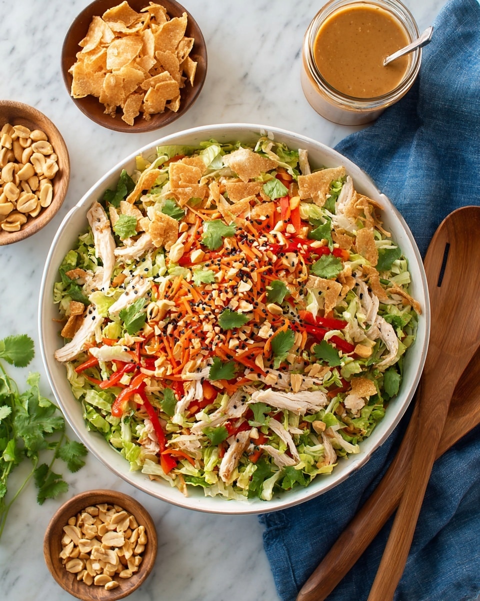 A large white bowl filled with a mixed salad showing three main layers: at the bottom, fresh chopped green lettuce with some light green and white leafy parts; in the middle, a mix of thin orange carrot sticks and red bell pepper strips; on the top, shredded light beige chicken pieces scattered along with light brown peanuts and black and white sesame seeds sprinkled across. A thick light brown dressing is drizzled unevenly all over the salad layers. The bowl sits on a white marbled surface with wooden salad spoons to the right, a small white bowl of mixed sesame seeds nearby, and a wooden bowl with shelled peanuts and a glass jar of dressing blurred in the background. A dark blue cloth is placed next to the bowl. photo taken with an iphone --ar 4:5 --v 7