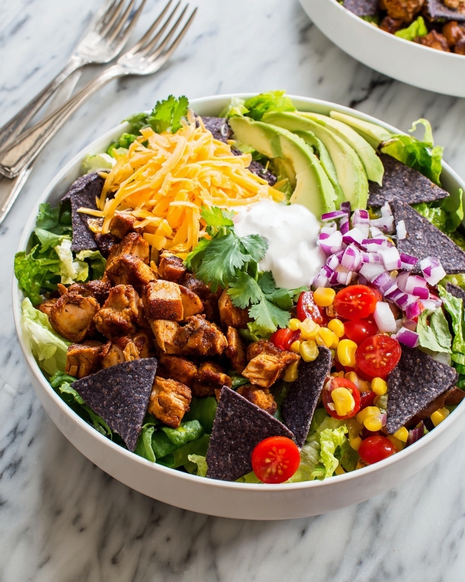 A white bowl is filled with a layered salad starting with a bed of green leafy lettuce at the bottom. On top, there are dark blue tortilla chips scattered among chunks of cooked brown chicken pieces and small bright red cherry tomato halves. Shredded orange cheddar cheese and diced purple onions are sprinkled over, with slices of light green avocado placed neatly on one side. Small black beans and yellow corn kernels add more color near the edges. A dollop of white sour cream sits in the center, topped with fresh green cilantro leaves. The bowl is set on a white marbled surface with two silver forks placed nearby. Photo taken with an iphone --ar 4:5 --v 7