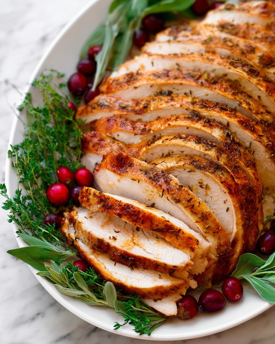The image shows a white plate filled with many slices of cooked turkey arranged neatly in overlapping layers. The turkey has a light brown, slightly crispy outer skin with visible herbs and spices, and the inside is pale and juicy. Around the edge of the plate are fresh green herb sprigs and bright red cranberries, adding color contrast. The plate sits on a white marbled surface. Photo taken with an iphone --ar 4:5 --v 7
