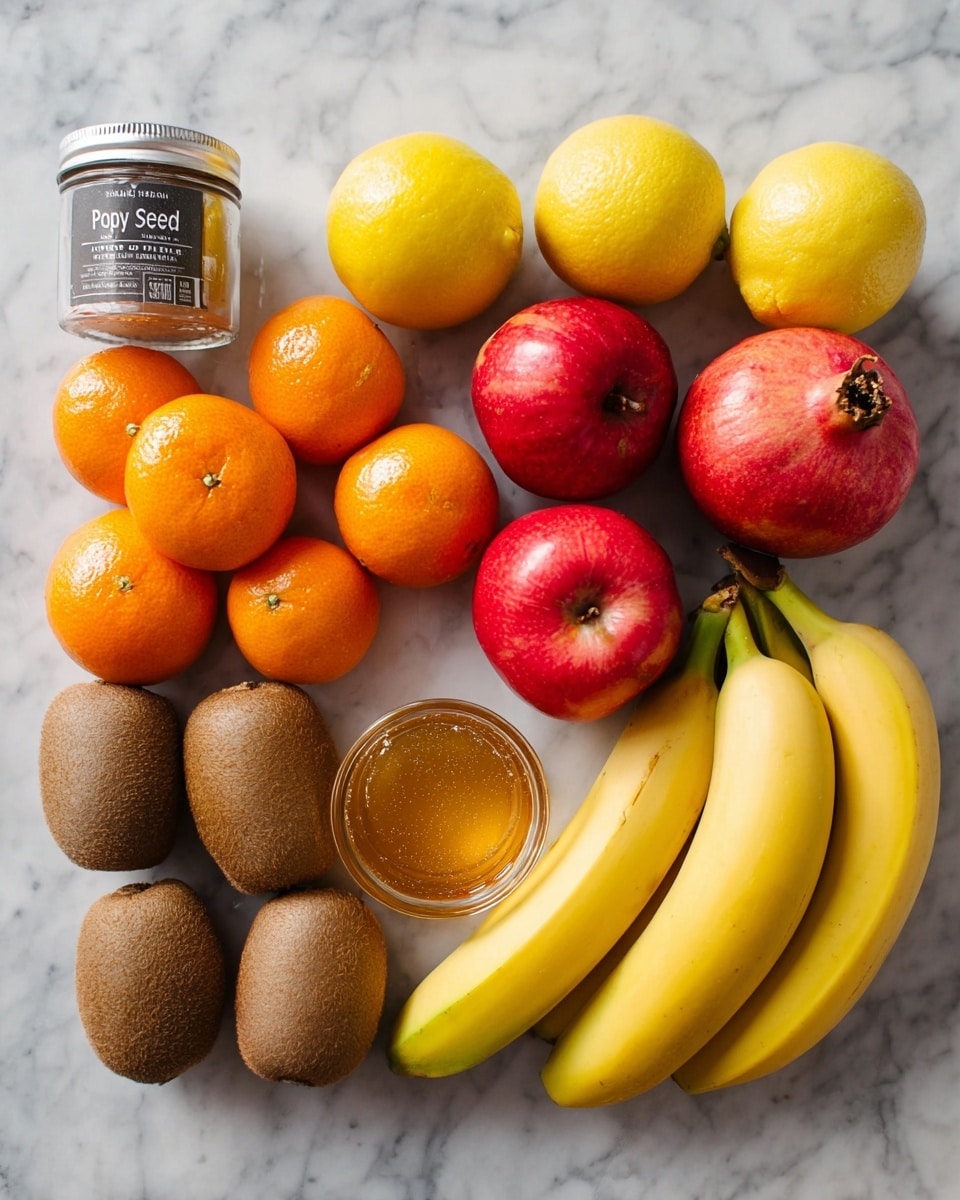 The image shows a flat lay of fresh fruits and a few ingredients on a white marbled surface. There are three bright yellow bananas on the right, with two yellow lemons placed beside them. Above the lemons, two red apples and one pomegranate are arranged. Two yellow apples are placed near the center, and a group of nine small, bright orange mandarins is positioned above them. Four brown fuzzy kiwis are neatly aligned in a row below the mandarins and apples. To the left of the kiwis, a glass jar labeled