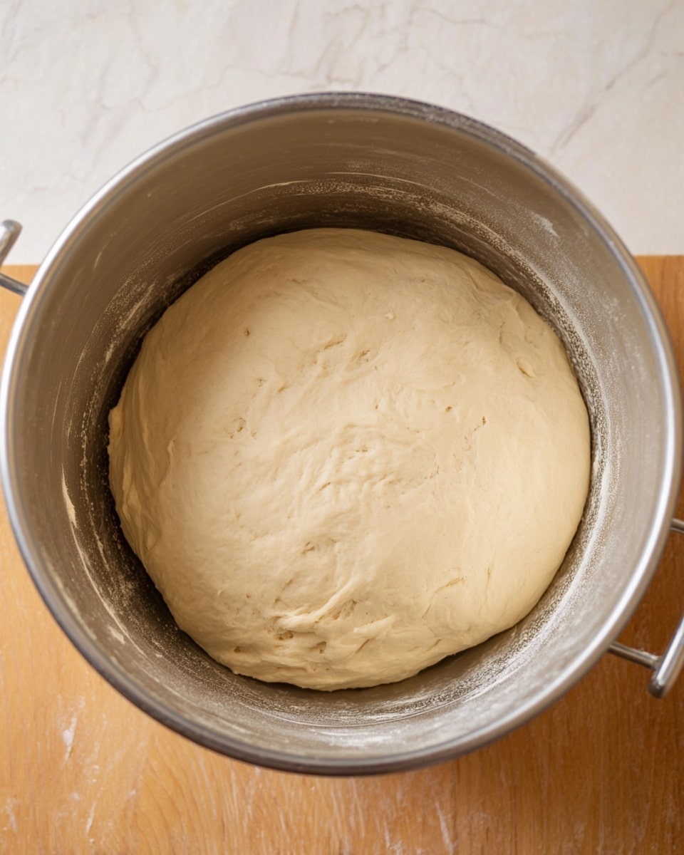 A single layer of soft, pale beige dough sits inside a round metal bowl with a smooth texture and slight sticking to the sides, resting on a wooden surface. The dough appears slightly puffy and smooth on top with a few small folds and air pockets visible near the edges. The metal bowl has a shiny, reflective finish with a handle on one side. The photo background is a white marbled texture. Photo taken with an iphone --ar 4:5 --v 7