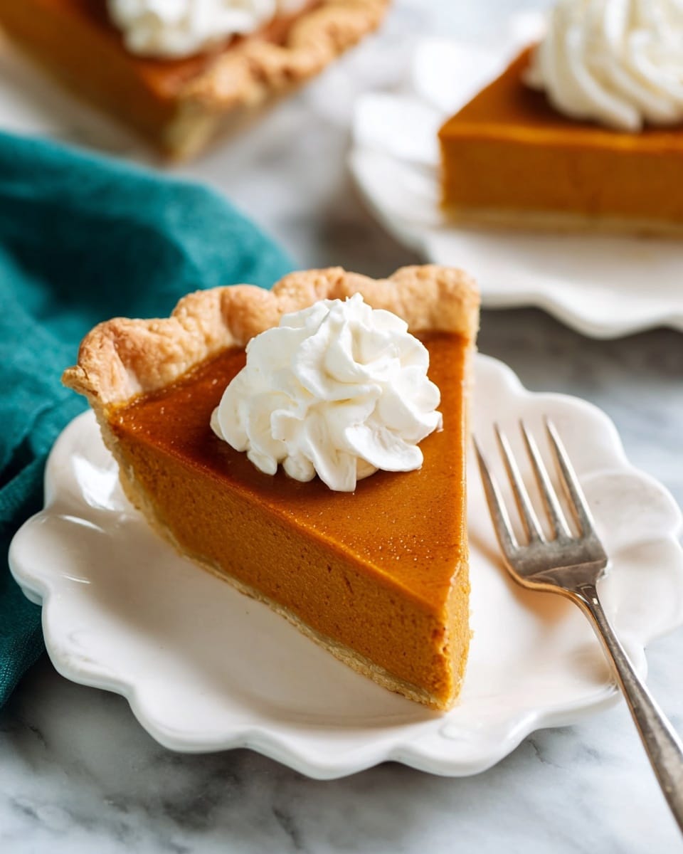 The image shows a round pumpkin pie in a clear glass pie dish with a golden-brown, crimped crust. The pie filling layer is smooth with a deep orange color and slightly glossy texture. Four slices are cut, three are pushed apart, and one slice is lifted, showing the thick, firm pumpkin filling inside. The pie sits on a round white marble surface, with two orange and one white decorative pumpkins in the background, along with a dark teal cloth. Photo taken with an iphone --ar 4:5 --v 7