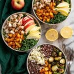 Harvest Bowls with Roasted Sweet Potatoes, Brussels Sprouts, Chicken, Apple, and Feta Recipe