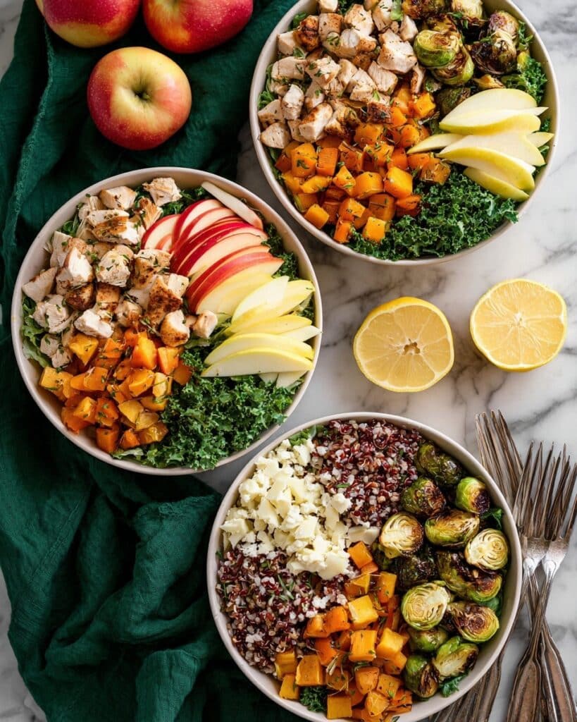 Harvest Bowls with Roasted Sweet Potatoes, Brussels Sprouts, Chicken, Apple, and Feta Recipe