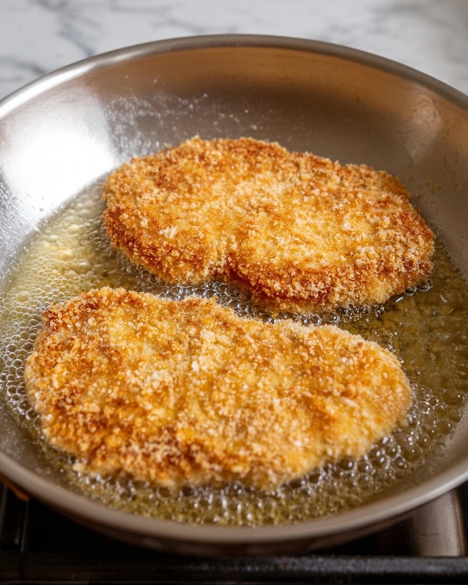 Two large golden-brown breaded pieces are frying in a shiny silver pan filled with clear oil. The pieces have a rough texture from the crumbs covering them evenly, showing some patches of light and darker golden color. Bubbles of oil can be seen around the edges of the pieces, indicating they are cooking. The pan has a smooth metallic surface with light reflections, sitting on a stove burner. The background is a white marbled texture. photo taken with an iphone --ar 4:5 --v 7