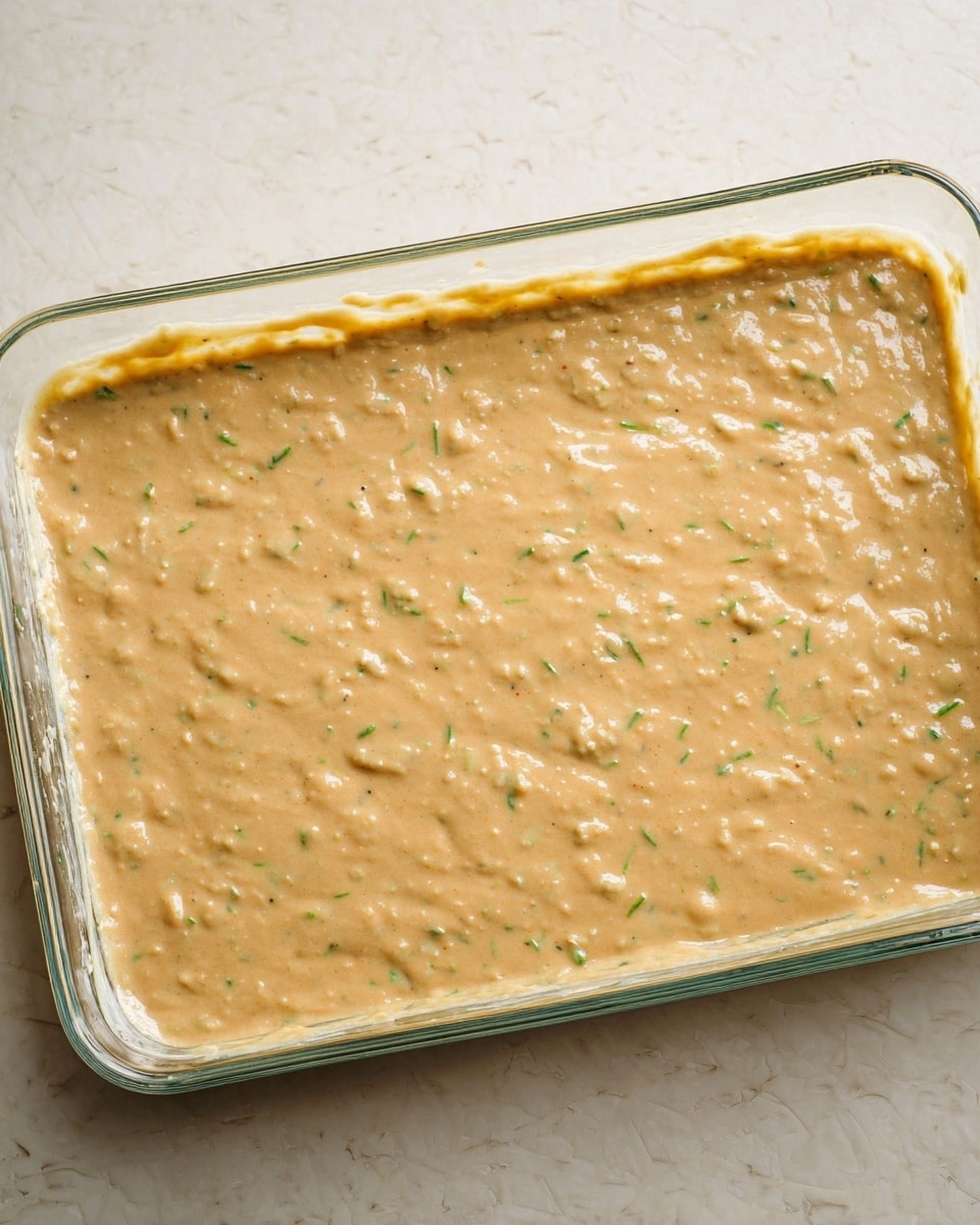 A rectangular clear glass dish filled with a thick batter layer that is light brown with small specks of green evenly spread across the surface. The batter looks smooth with some small lumps and is spread flat inside the dish, covering the entire base. The dish is placed on a white marbled surface photo taken with an iphone --ar 4:5 --v 7