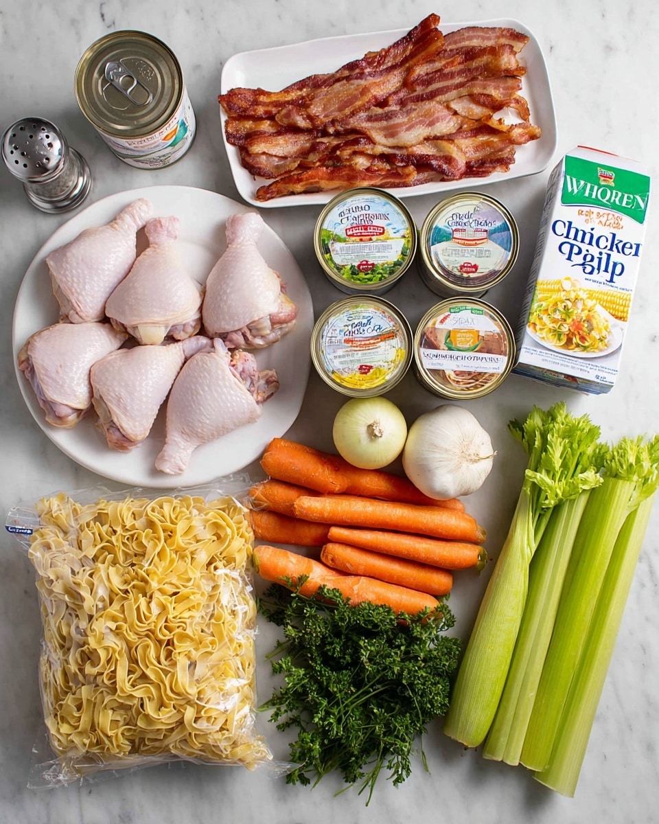The image shows a clean white marbled surface with several cooking ingredients neatly arranged. On the left, there is a white plate holding five raw chicken thighs with pale pink skin. Above that, a white dish is stacked with several crispy cooked bacon strips that are golden brown with darker edges. Four cans of chicken broth with colorful labels sit in the middle, two standing and two laying flat. In the center near the bottom, a large clear plastic bag with packaged wide egg noodles is placed. To the right, a carton of heavy whipping cream with a green and white design is next to two garlic cloves. Above, four bright orange carrots and a pale yellow onion are laid horizontally. Three ears of yellow and white corn rest side by side below the onion and carrots. At the bottom right, three bright green celery stalks, a bunch of fresh parsley with dark green leaves, and sprigs of thyme are placed. A small clear pepper grinder is on the far left side. photo taken with an iphone --ar 4:5 --v 7