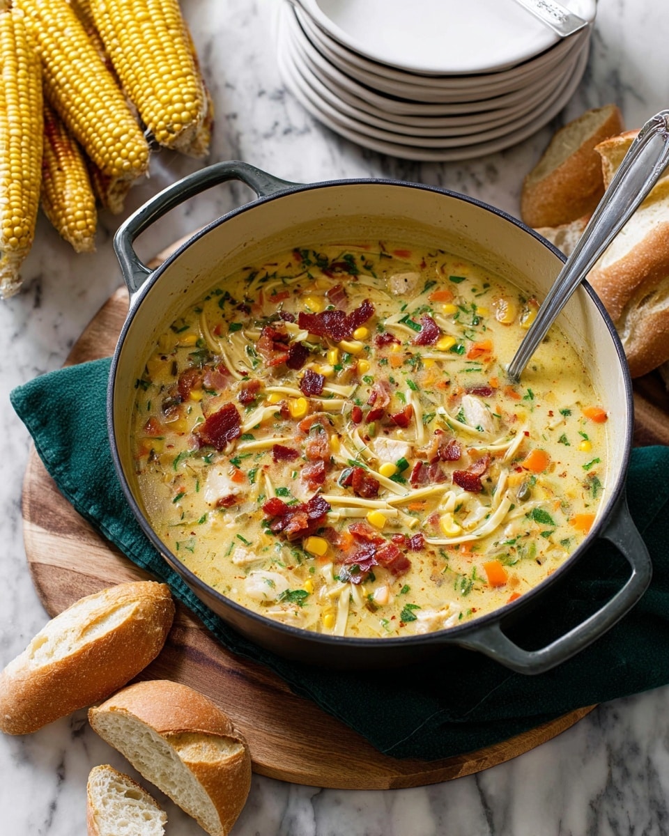 A white bowl filled with creamy chicken soup sits on a wooden plate with a silver spoon beside it. The soup has visible layers of ingredients: small orange carrot cubes, bright yellow corn kernels, white noodles, and pieces of cooked chicken. On top, there are crispy reddish-brown bacon bits and small green parsley leaves scattered across the surface. The bowl is placed on a white marbled surface with a dark green cloth underneath, surrounded by torn pieces of crusty bread and two ears of corn in the background. Photo taken with an iphone --ar 4:5 --v 7