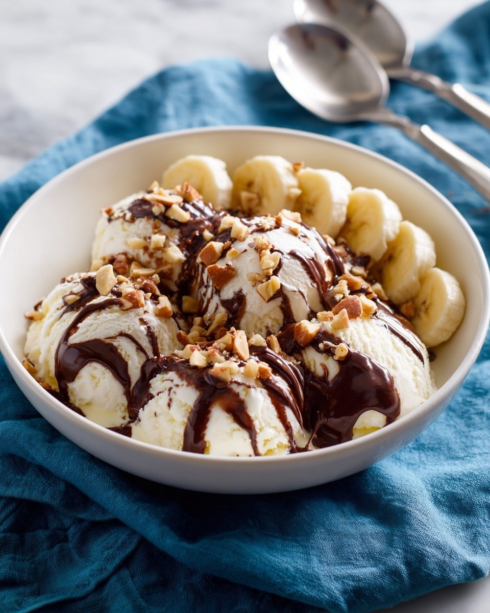 A white bowl holds several scoops of creamy vanilla ice cream with a soft texture, topped with dark chocolate sauce drizzled over the ice cream in thick streams. Small pieces of light brown nuts are sprinkled generously on top of the chocolate and ice cream. On one side of the bowl, there is a neat row of round banana slices with a pale yellow color and smooth texture. The bowl is placed on a blue cloth with a soft, wrinkled texture, and two silver spoons sit beside the bowl on the white marbled surface. Photo taken with an iphone --ar 4:5 --v 7