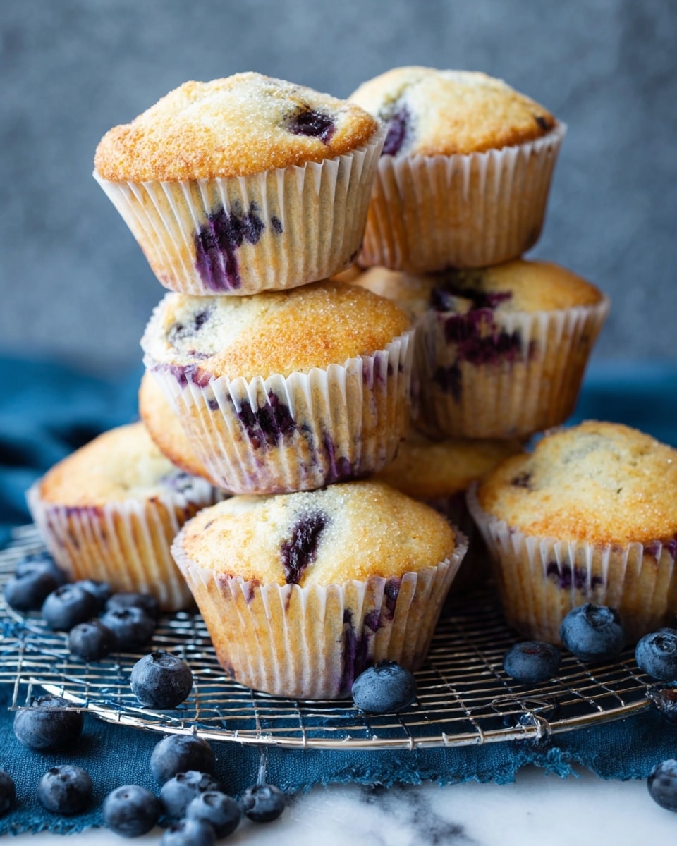 The image shows a close-up of blueberry muffins with a soft and moist texture. One muffin is open, revealing a light yellow inside filled with dark purple blueberries spread throughout. The muffins have a golden-brown top with a slightly bumpy surface. They sit on a white marbled surface with scattered fresh blueberries around. The muffin liner is white with some purple stains from the blueberries. Photo taken with an iphone --ar 4:5 --v 7