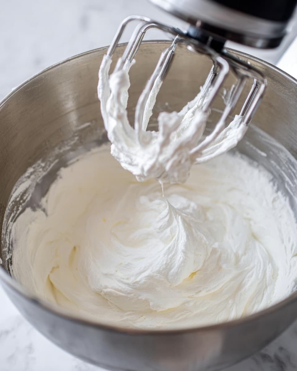The image shows a metal mixing bowl with thick, white whipped cream inside. A mixer with silver beaters is being lifted out of the bowl, with soft peaks of the whipped cream clinging to the beaters. The texture of the cream looks smooth and fluffy, with some light shadows showing its airy consistency. The bowl has a shiny metal surface, and the background is a white marbled texture. photo taken with an iphone --ar 4:5 --v 7