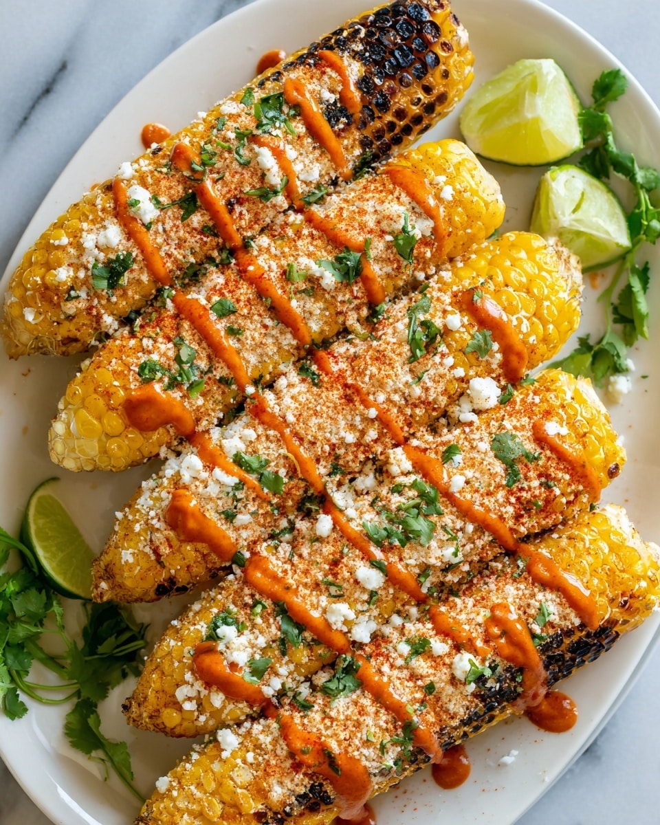 A close-up of a grilled corn cob held by a woman's hand on the left side, covered in a creamy white sauce layer, topped with a light dusting of red chili powder and sprinkled with chopped green herbs and white crumbly cheese. In the background, two plain grilled corn cobs lie on a white marbled surface, along with a white bowl filled with more chopped green herbs on the right. Another woman's hand is sprinkling green herbs over the corn cob from above. The scene is brightly lit with sharp details on the textures of the corn, sauce, and toppings. Photo taken with an iphone --ar 4:5 --v 7