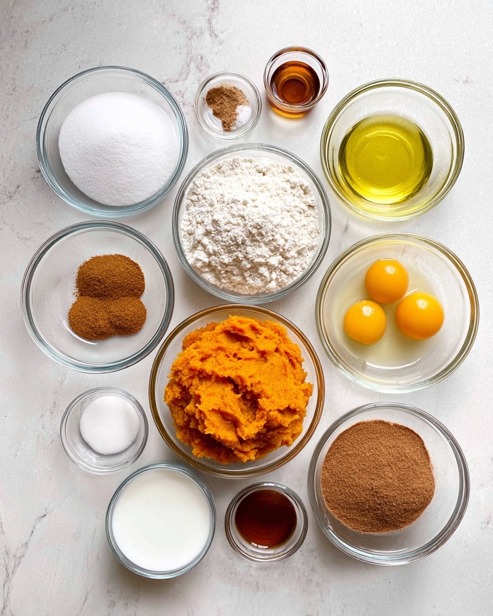 An overhead view shows eleven clear glass bowls neatly arranged on a white marbled surface, each filled with different baking ingredients. Starting at the bottom left, there is a tiny bowl with white baking soda, above it a tiny bowl with salt, then to the right a larger bowl filled with white flour. Next to the flour is a medium bowl with white sugar, above it a bigger bowl with light yellow oil, and to its right a medium bowl containing two whole raw eggs with bright yellow yolks. Below the eggs, a tiny bowl holds light brown vanilla extract. On the far right, a medium bowl is filled with packed dark brown sugar. Below the brown sugar is the largest bowl, filled with bright orange mashed pumpkin with a smooth texture. Above and between the sugar and pumpkin, two tiny bowls hold cinnamon and ground nutmeg, both brown powders. At the bottom near the pumpkin is a tiny bowl with milk. The glass bowls create a clear and simple view of the soft and granular textures of the ingredients. Photo taken with an iphone --ar 4:5 --v 7
