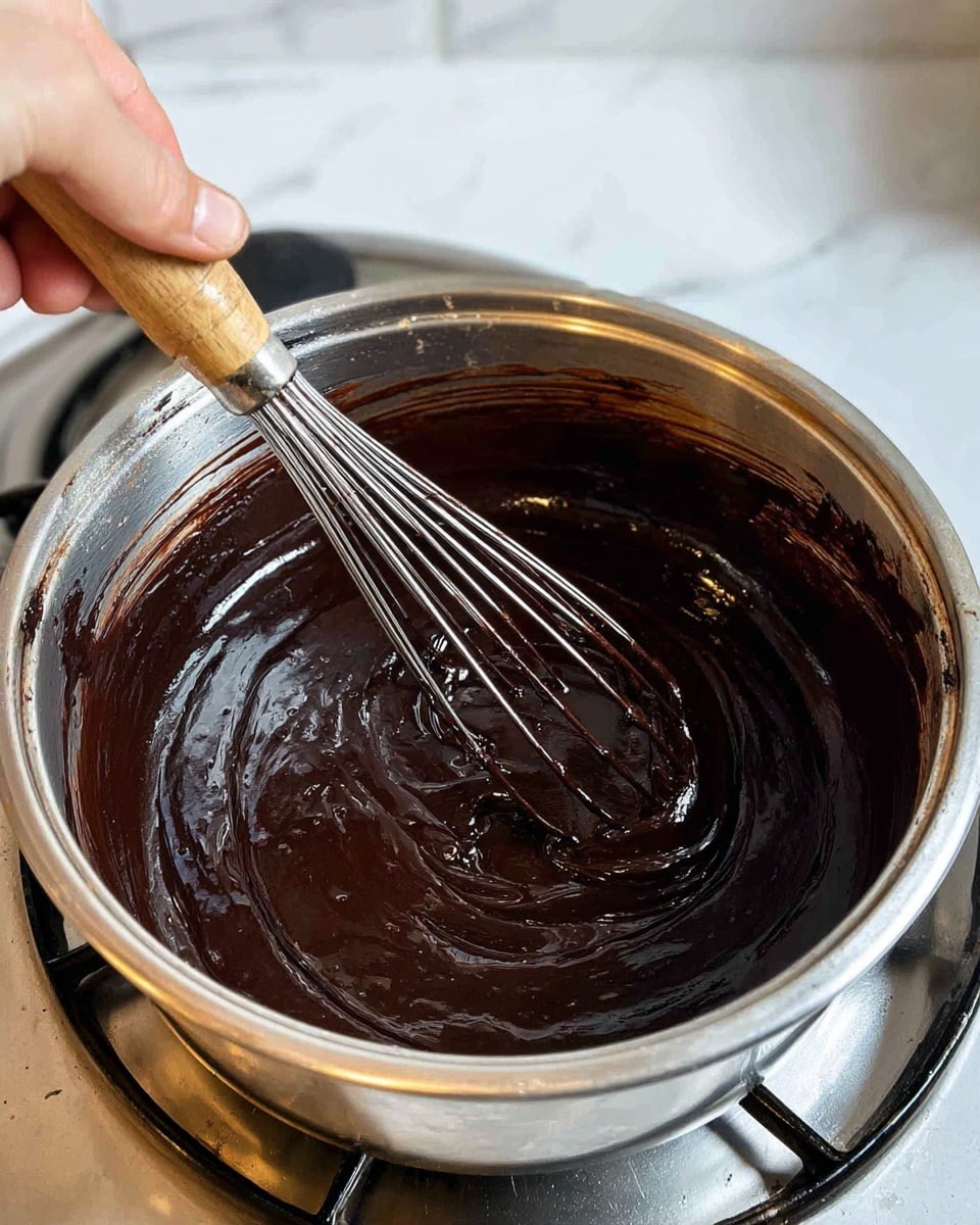 A shiny metal mixing bowl sits on a stove burner with a dark, thick, smooth chocolate mixture inside, being stirred with a metal whisk that has a light wooden handle held by a woman's hand. The chocolate mixture is glossy and dense, coating the whisk and the sides of the bowl. The background has a white marbled texture visible behind the stove and bowl, adding a clean, bright contrast to the dark chocolate. photo taken with an iphone --ar 4:5 --v 7