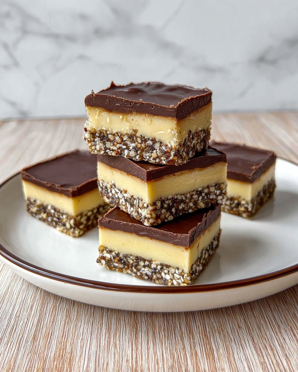 A round treat is sliced into 16 square pieces on a wooden surface. It has two clear layers: a smooth, swirled dark chocolate top layer that looks creamy and shiny, and a thick yellow base layer that appears firm and biscuit-like. The edges show slight crumbs, and the treat is evenly cut but one square is slightly pulled away from the rest. The background is a white marbled texture. photo taken with an iphone --ar 4:5 --v 7