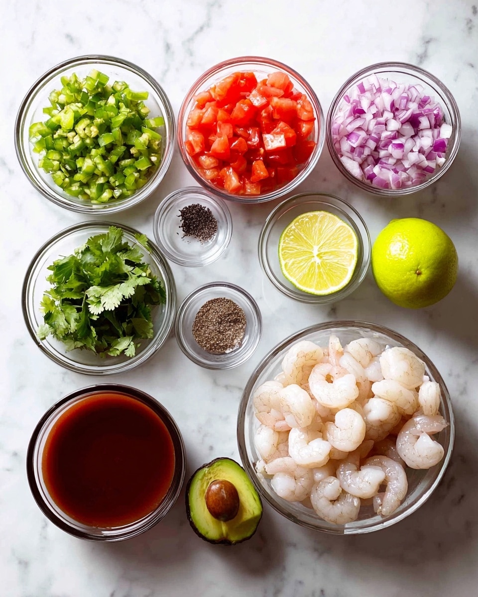 The image shows nine small glass bowls arranged on a white marbled surface, each holding different fresh ingredients. The largest bowl on the right contains pale, raw shrimp with smooth, slightly translucent textures. Above it, there is a bowl with finely chopped purple-red onions, and next to it are smaller bowls with black pepper and salt. In the middle, a bowl filled with bright red diced tomatoes stands out. Above it to the left is a bowl with finely chopped green jalapeños. To the left side, there is a bowl of fresh green cilantro leaves with a rough texture. Below that, a dark brown avocado sits next to a bowl filled with deep red tomato juice. Two lime halves, one lime and one lemon, are placed behind the tomatoes. The arrangement is neat and bright, with natural colors highlighted by soft lighting. Photo taken with an iphone --ar 4:5 --v 7