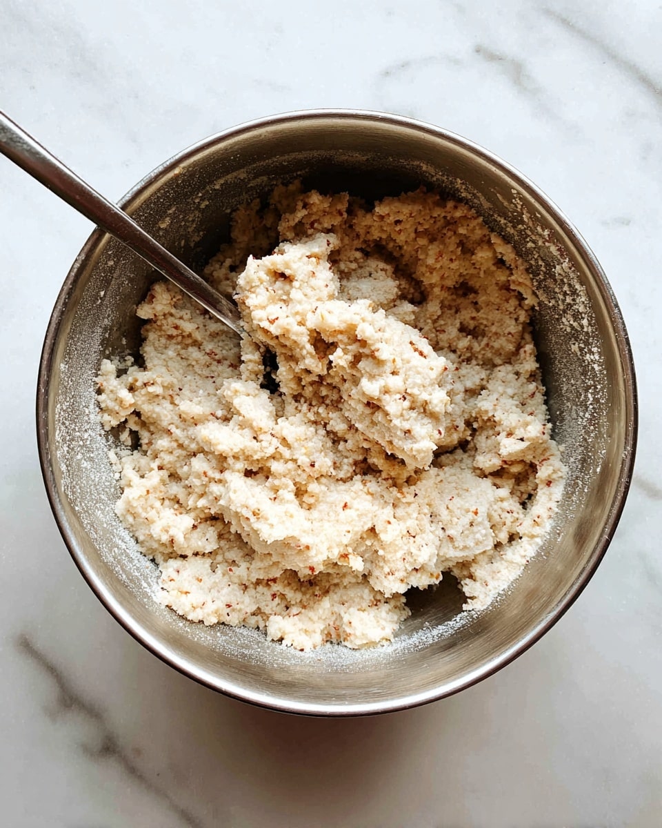 A metal bowl holds a chunky mixture with a thick, grainy texture, light beige in color with small darker specks spread throughout. A silver spoon is inserted on the right side, partially covered by the mixture. The inside walls of the bowl are coated with some of the mixture, and the bowl sits on a white marbled surface. photo taken with an iphone --ar 4:5 --v 7