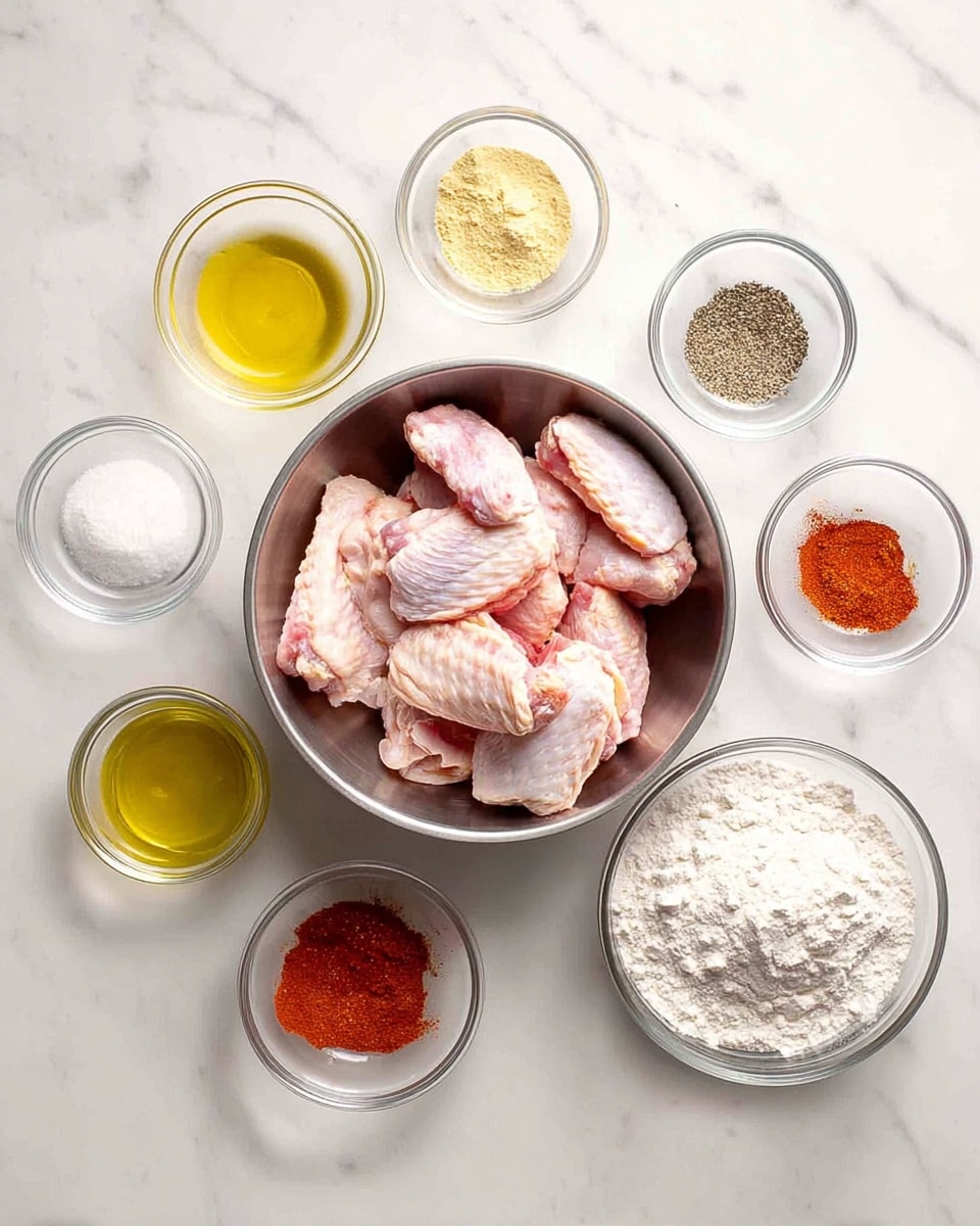 In the image, there is a metal bowl filled with raw pink chicken wings placed in the center on a white marbled surface. Surrounding the bowl are seven small clear glass bowls arranged evenly in a circle. Starting from the top and moving clockwise, the first bowl holds a light yellow powder, the next has white flour, followed by a bowl with black ground pepper, and then a bowl with reddish paprika powder. Continuing, there is a bowl with clear olive oil, another bowl with white flour, and finally a bowl with coarse white salt. The arrangement is neat, showcasing the ingredients clearly with soft natural light on a clean white marbled background. Photo taken with an iphone --ar 4:5 --v 7