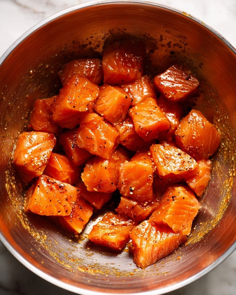 The image shows a close-up of many small, cubed pieces of salmon that have a bright orange color with a glossy coating of seasoning and oil. The salmon pieces are thick and have a slightly uneven texture on the surface. They are all placed inside a shiny steel bowl that reflects light and has some seasoning residue on its sides. The background is a white marbled texture. photo taken with an iphone --ar 4:5 --v 7