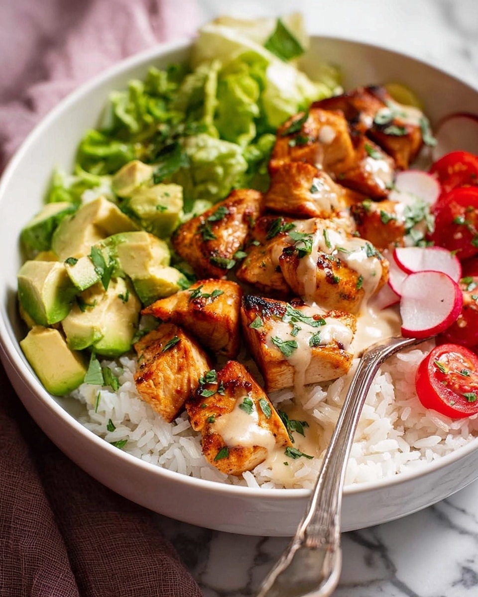 A white bowl filled with a base layer of white rice topped with grilled, golden-brown chunks of chicken drizzled with a light sauce and sprinkled with chopped green herbs. To one side, there is a layer of bright green chopped lettuce, next to it, diced pale green avocado pieces, and thin red and white radish slices. Cherry tomato halves add pops of bright red color between the greens. The bowl sits on a white marbled surface with a silver fork placed inside. Photo taken with an iphone --ar 4:5 --v 7