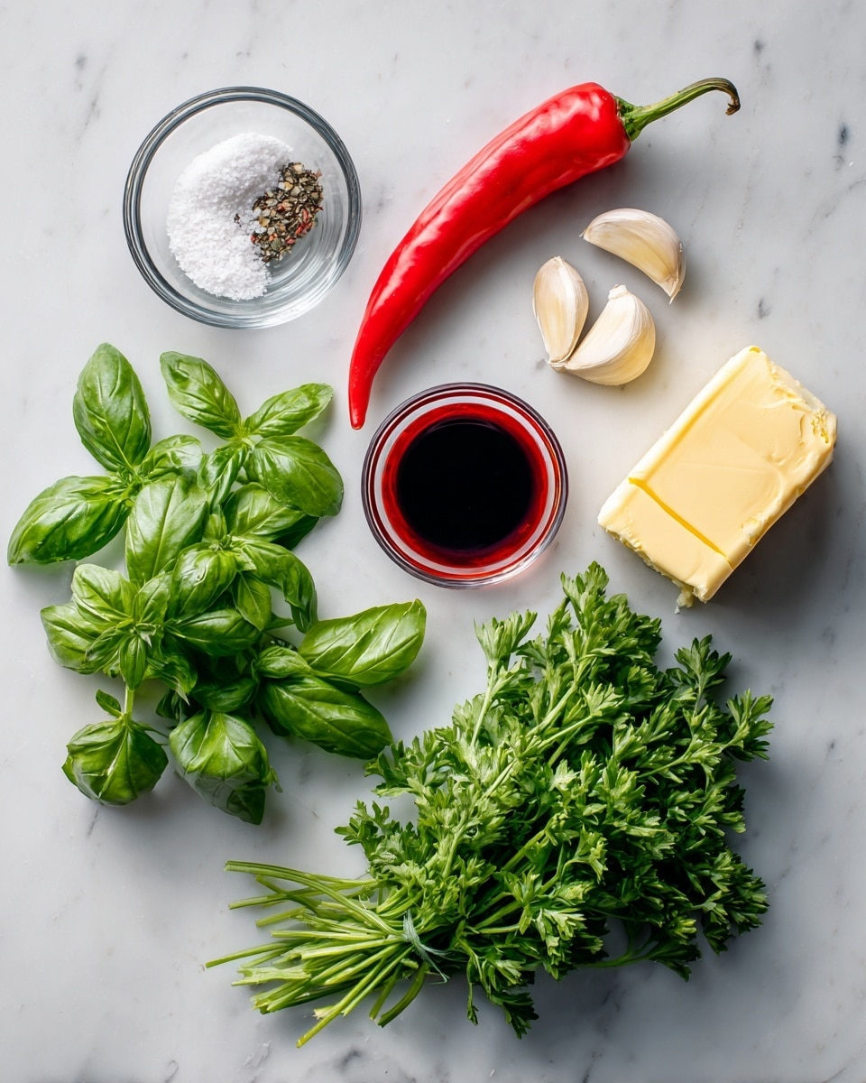 The image shows a white marbled surface with several ingredients placed neatly. Starting from the top left, there is a small clear bowl with salt, next to it a long red chili pepper diagonally placed. To the right, there are three garlic cloves grouped together. Below the salt, a small bowl contains red wine vinegar, and next to it, in the center, a small clear bowl holds a block of yellow butter. In the bottom left corner, a bunch of green basil leaves is arranged with stems, and on the right side a fresh bunch of green parsley with stems spreads out, the colors vibrant and fresh. Photo taken with an iphone --ar 4:5 --v 7